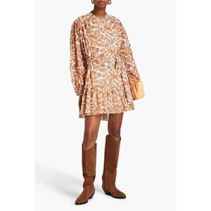 Maje ruffled paisley-print boho brown orange white mini dress 100% cotton size L